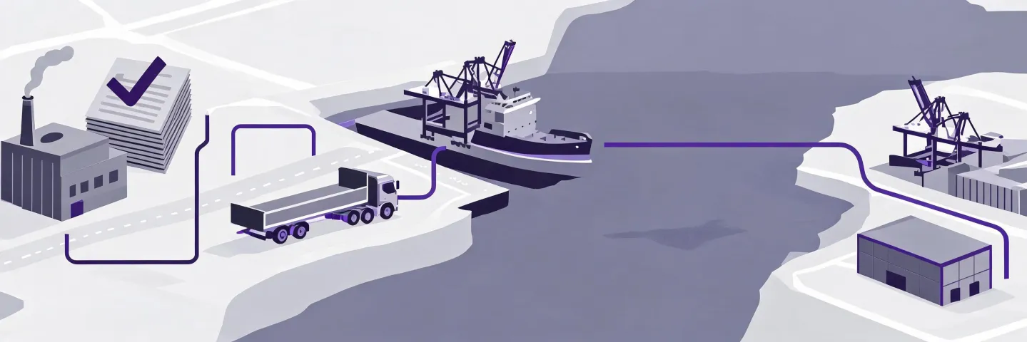 Illustrated flatbed trailer sourcing route from factory to US destination